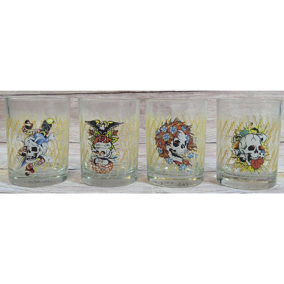 Don Ed Hardy Tattoo Design Art Set of 4 Rocks Drinking Glasses Skulls 12 oz - Picture 1 of 8